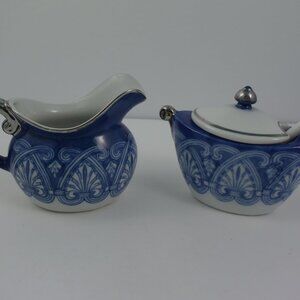 Bombay Company Blue White Creamer & Covered Sugar Bowl Set